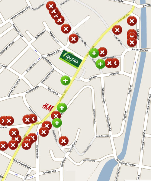Rot: Leerstände und bevorstehende Schließungen, grün: Neueröffnungen Grafik