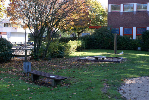 Stillleben mit verwaistem Tempo auf Plastikbank vor dem Klever Hallenbad Bank