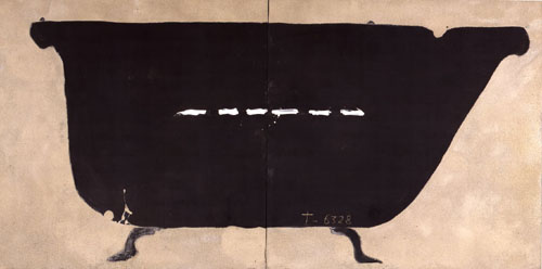 Eine schwarze Badewanne voll metaphysischen Denkens offenbart ein kultureller Beitrag in der Rheinischen Post Badewanne